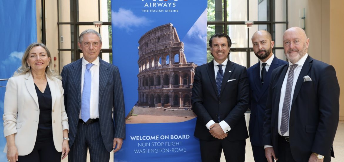 From the left: Mariangela Zappia, Ambassador of Italy in Washington D.C., Adolfo Urso, Minister of Enterprises and Made in Italy, Pierfrancesco Carino, VP International Sales ITA Airways, Pietro Caldaroni Head of Government & Public Affairs ITA Airways, Massimo Allegri, Regional Manager Americas ITA Airways